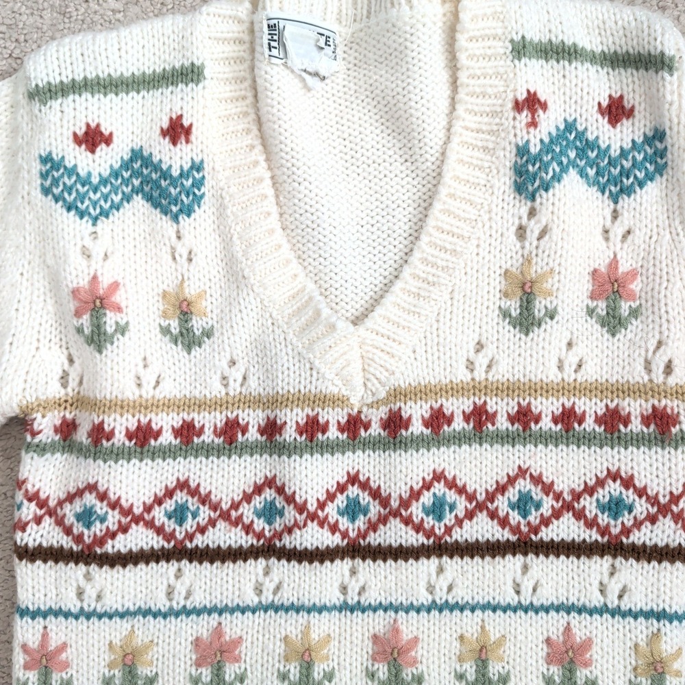 70s 80s Vintage Floral Fair Isle V-Neck Knit Sweater Cream Granny Cottagecore